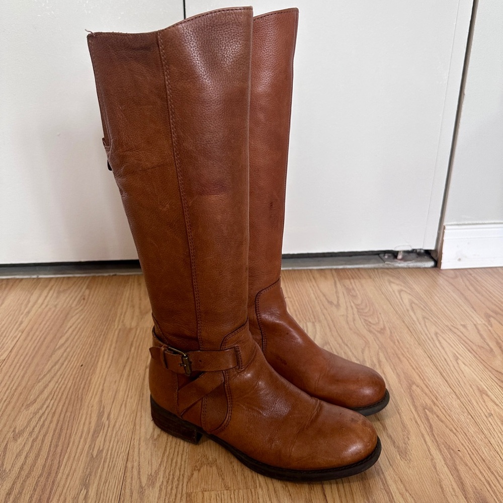 FRANCO SARTO Cognac Brown Leather Knee-High Riding Boots, Sz 6 Fall Moto Chic